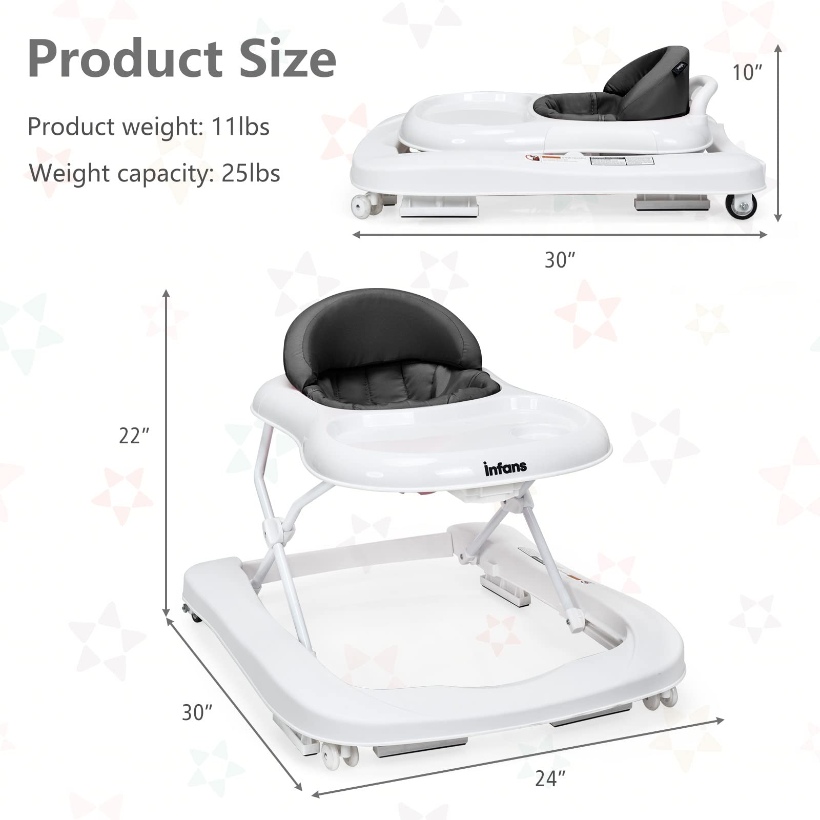 INFANS Foldable Baby Walker, 3 in 1 Toddler Walker Learning-Seated Walk-Behind for Boys and Girls