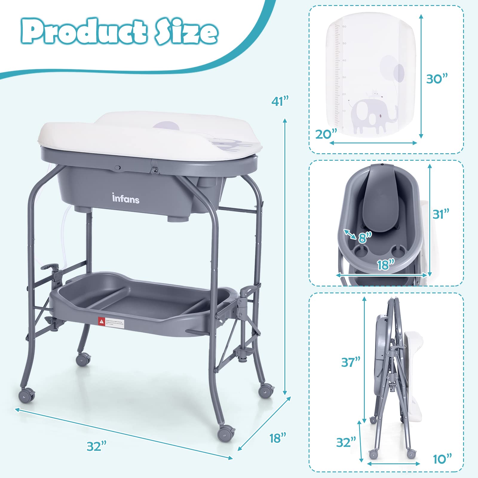 INFANS 2 in 1 Baby Changing Table with Bath Tub Unit, Folding Diaper Dresser Station with Wheels Waterproof