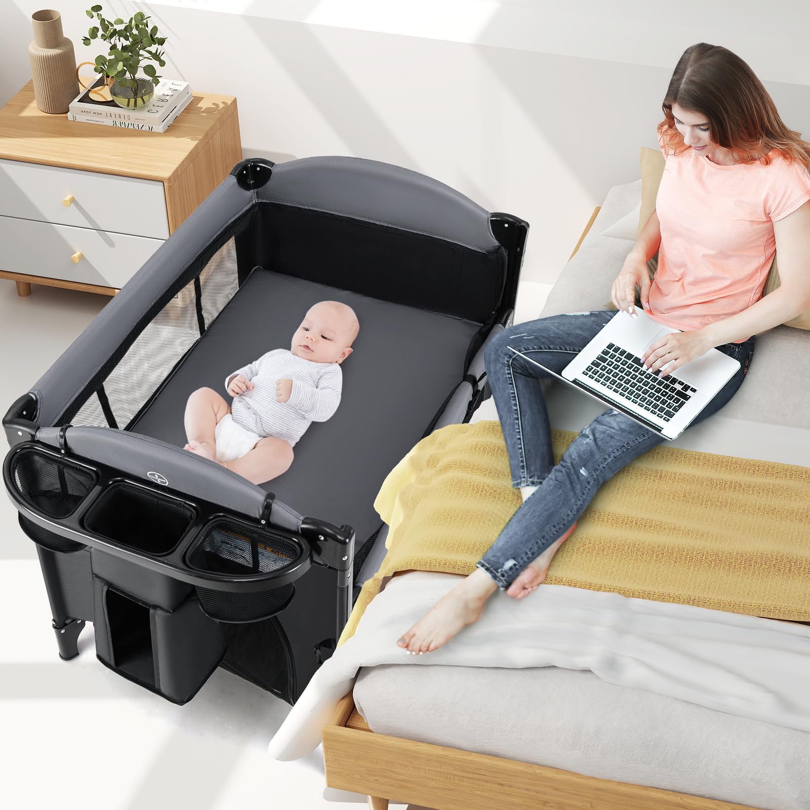 INFANS Baby Bassinet, 4 in 1  Pack and Play Baby Playard with Changing Table, Mosquito Net