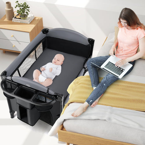 INFANS Baby Bassinet, 4 in 1  Pack and Play Baby Playard with Changing Table, Mosquito Net