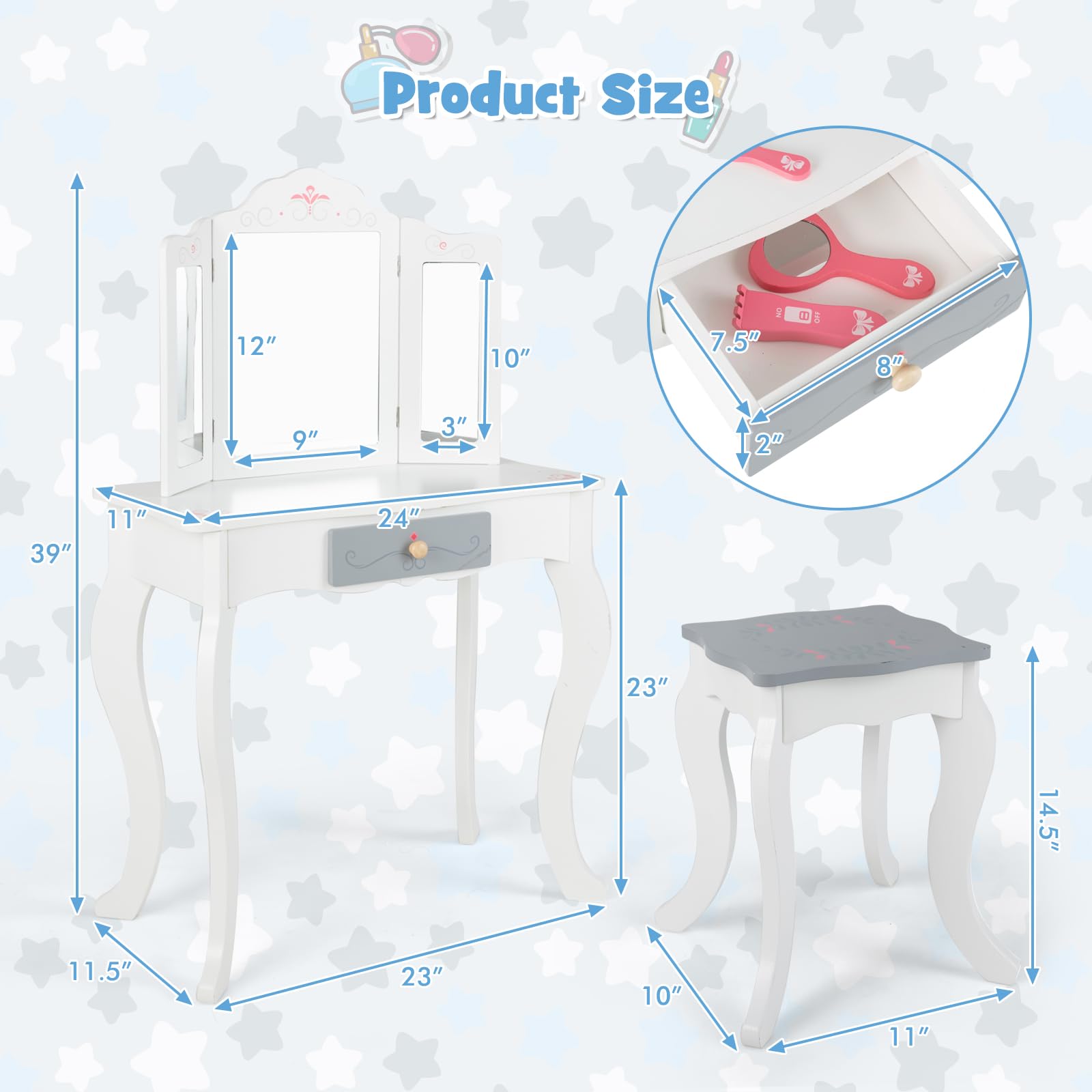 OLAKIDS Kids Vanity, 2 in 1 Princess Makeup Desk Set, Wooden Dressing Table, Pretend Play Vanity Set