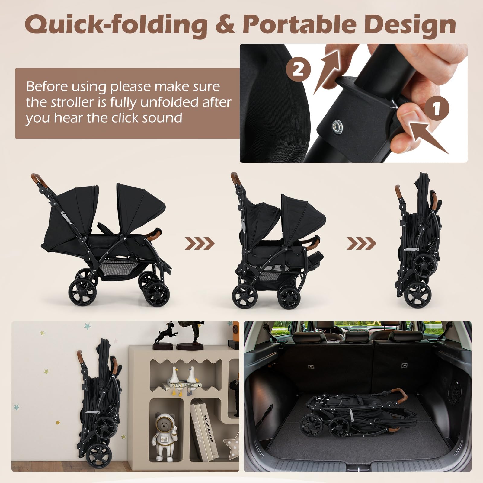 INFANS Double Stroller, Foldable Baby Tandem Stroller with Djustable Backrest Canopy Footrest