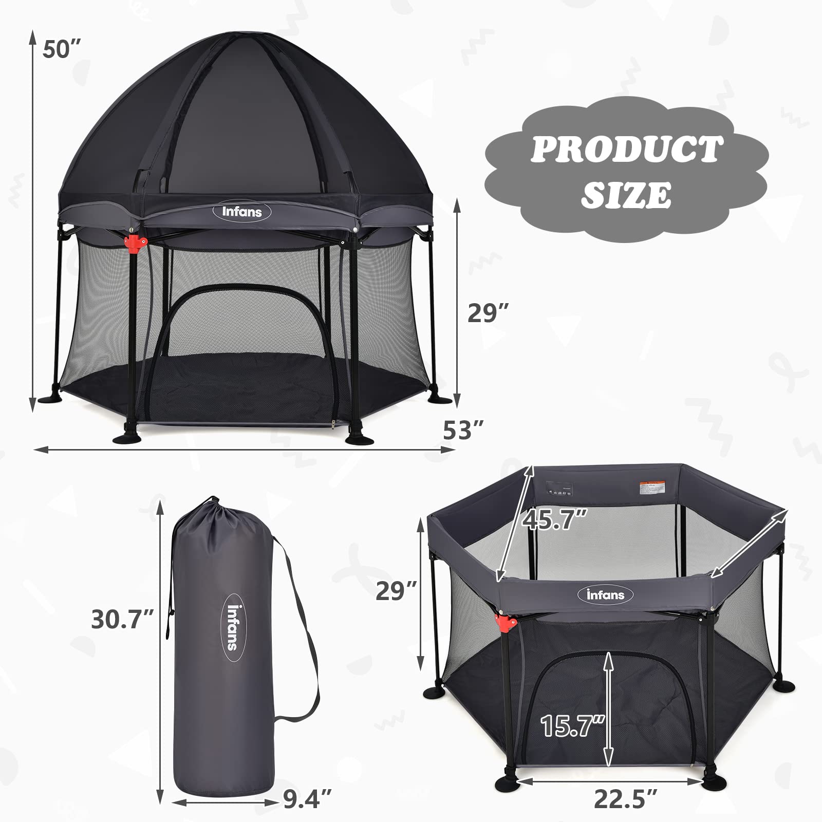 INFANS Baby Playpen with Removable Mesh & UV Canopy, 53" Portable Playhouse with Carry Bag, Easy Folding Playard Activity Center