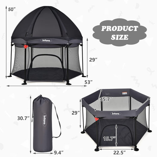 INFANS Baby Playpen with Removable Mesh & UV Canopy, 53" Portable Playhouse with Carry Bag, Easy Folding Playard Activity Center