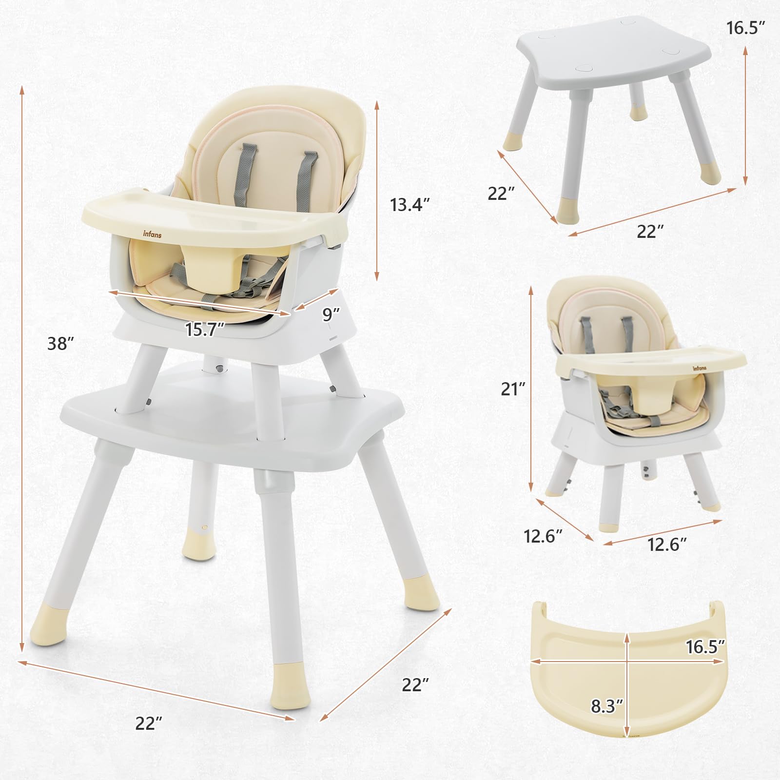 INFANS 8 in 1 Baby High Chair, Convertible Highchair for Babies and Toddlers, Infant Dining Booster Seat