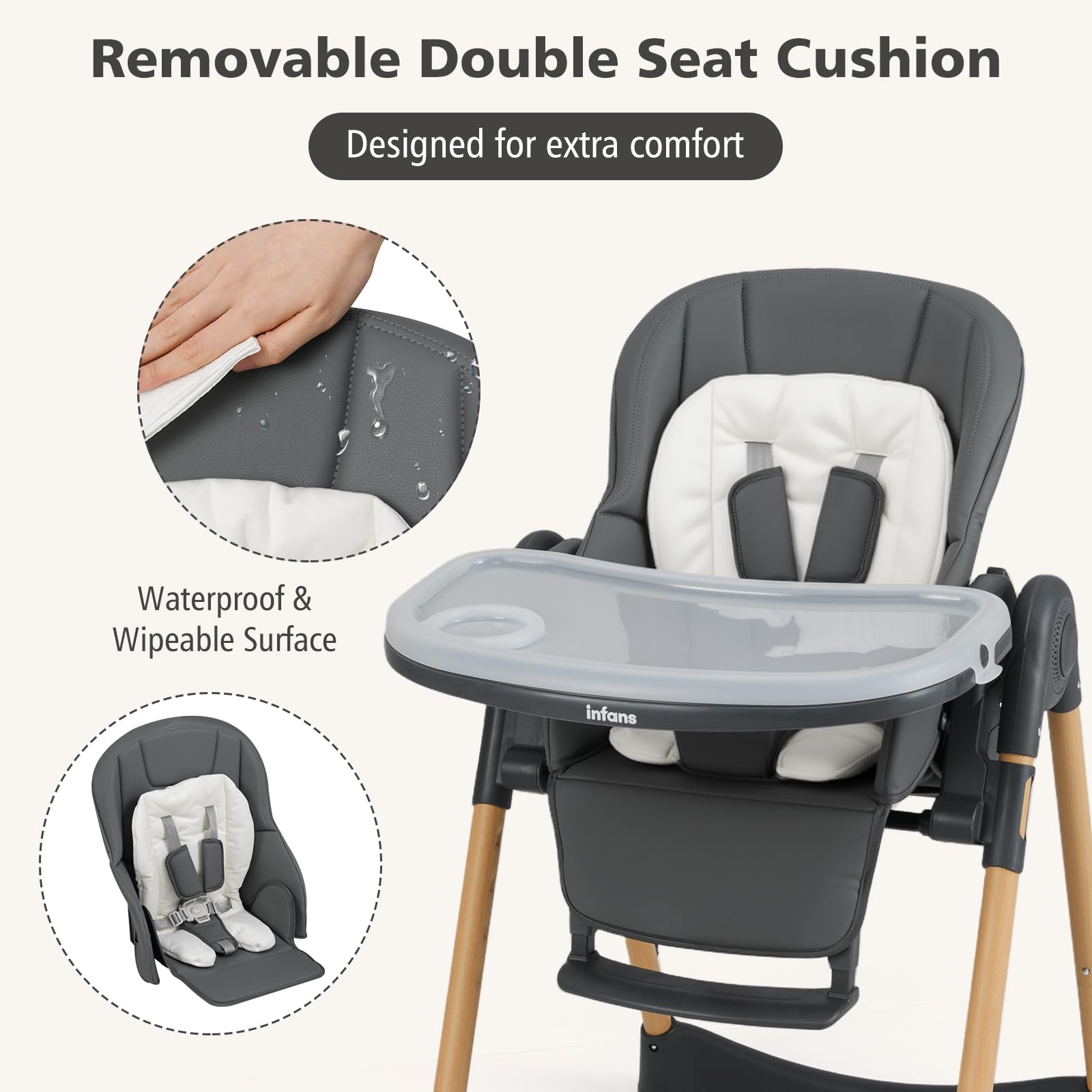 INFANS Baby High Chair, High Chairs for Babies & Toddlers with Adjustable Height Backrest Footrest Removable Tray, Easy to Clean PU Seat Convertible Quick Folding Portable Highchair