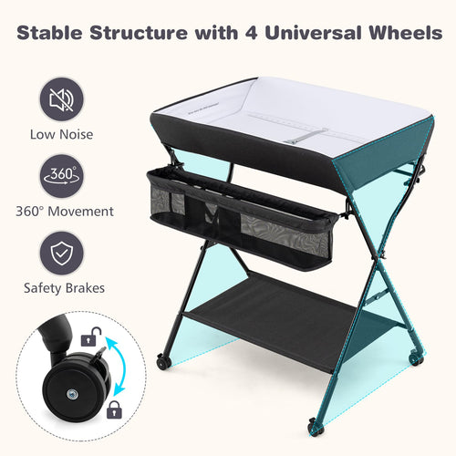 INFANS Baby Changing Table with Wheels, Portable Folding Diaper Station Nursery Organizer with Adjustable Height