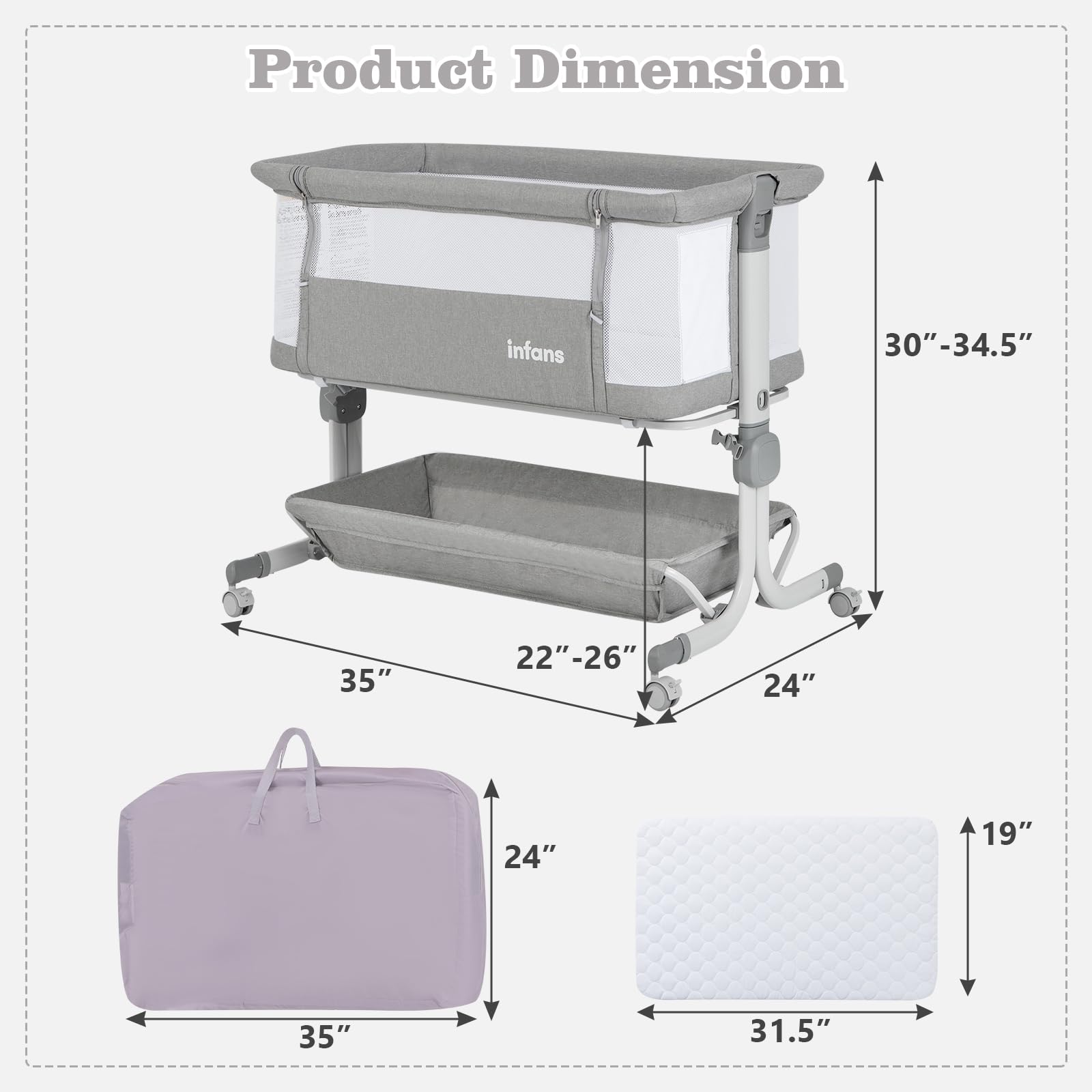 INFANS 3-in-1 Baby Bassinet, Bedside Sleeper with Comfy Mattress, Wheels, 6-Height Adjustable, Storage Basket