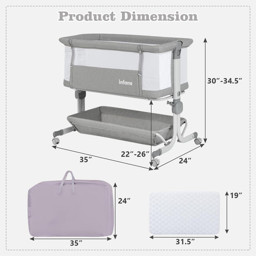 INFANS 3-in-1 Baby Bassinet, Bedside Sleeper with Comfy Mattress, Wheels, 6-Height Adjustable, Storage Basket