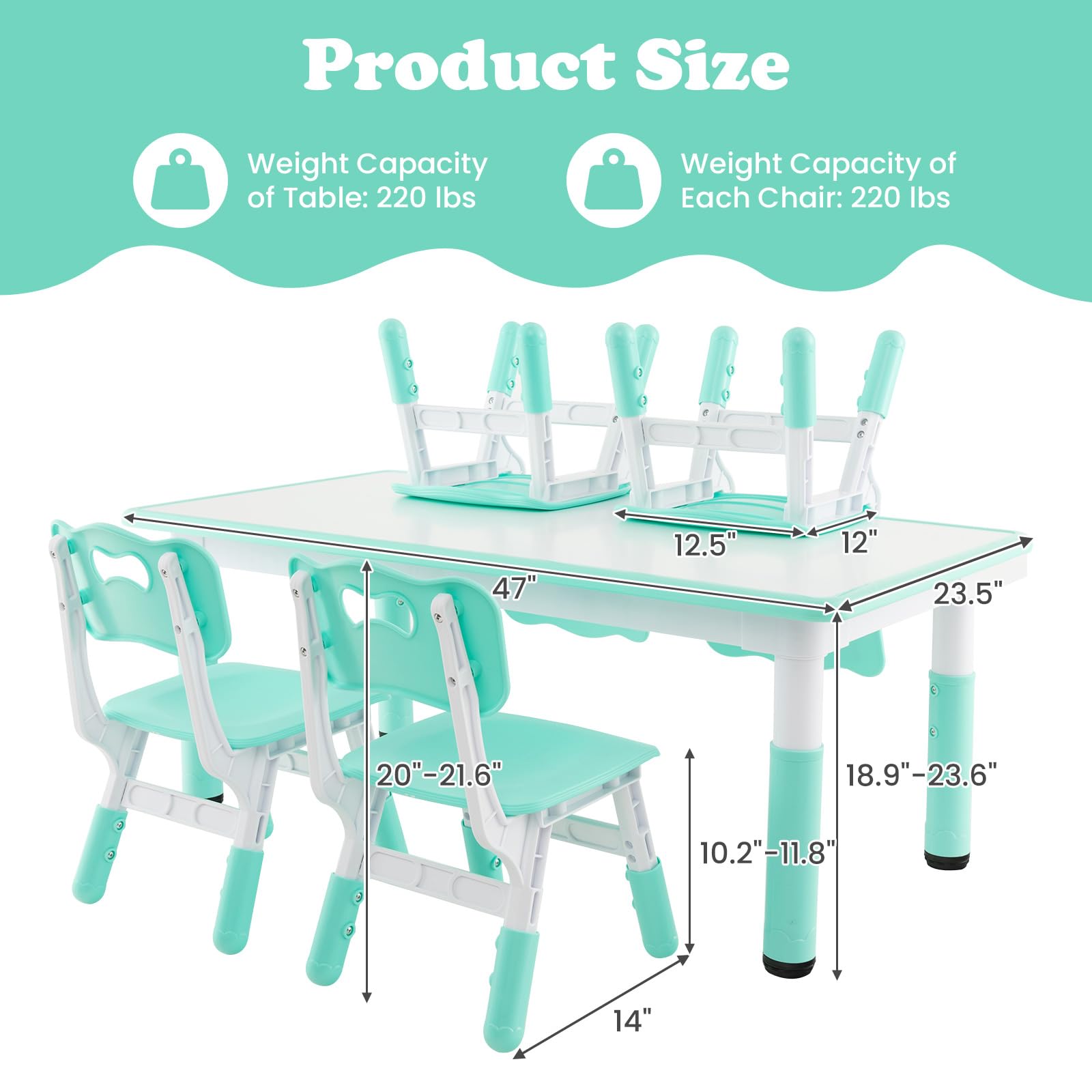 OLAKIDS Kids Table and Chiar Set, Height Adjustable Toddler Desk and 4 Chairs