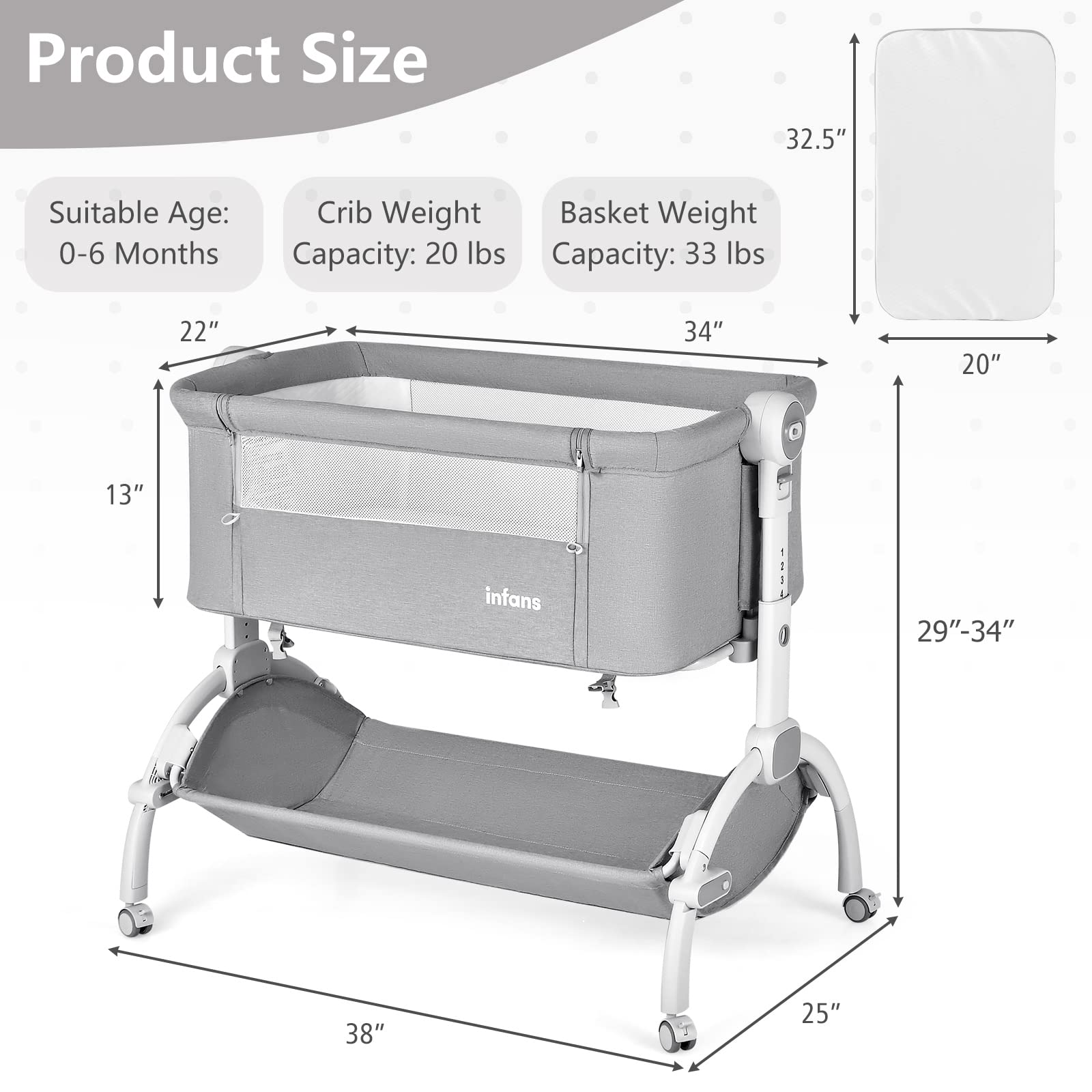INFANS 3 in 1 Baby Bassinet, Bedside Sleeping, Rocking Cradle, Easy Folding Portable Safer Co-Sleeping Crib with Storage Basket