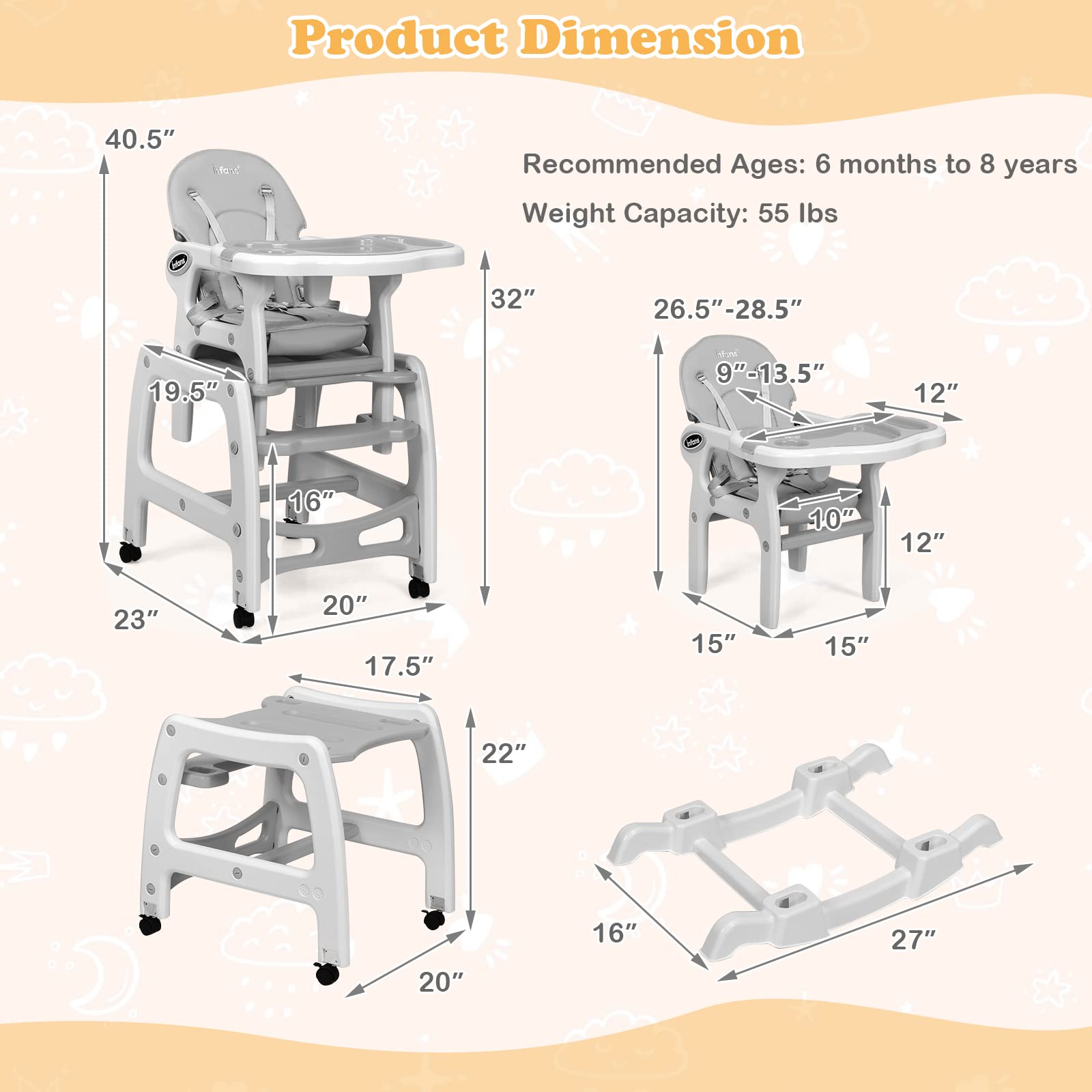INFANS 5 in 1 Baby High Chair, Convertible Toddler Table Chair Set,  Multi-Function Seat with Lockable Universal Wheels