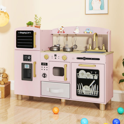 OLAKIDS Kids Kitchen Playset, Toddler Wooden Pretend Cooking Toy Set with Acrylic Drawing Board Ice Machine Dishwasher