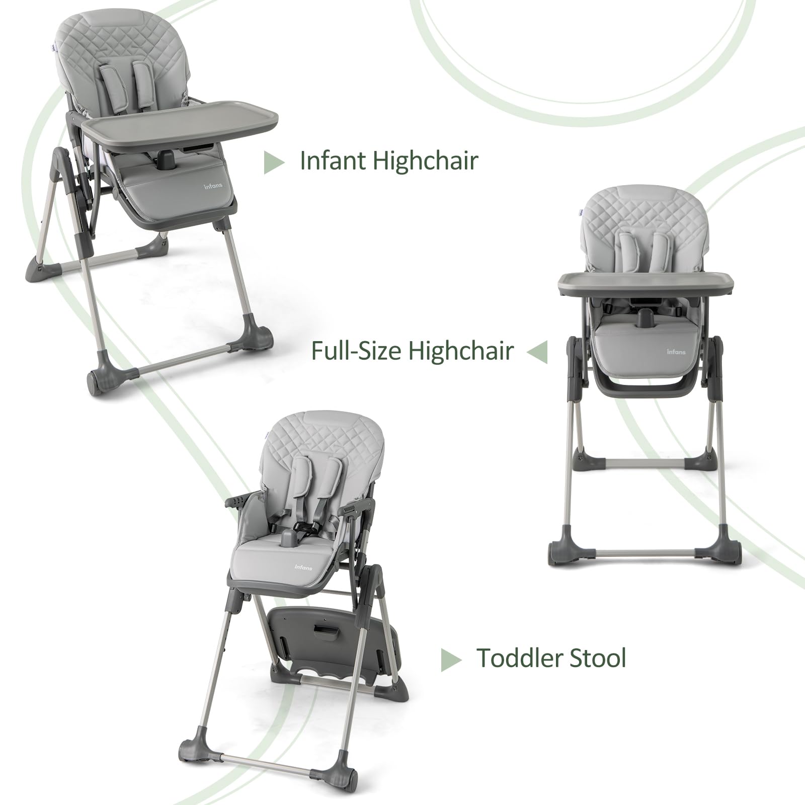 INFANS Baby High Chair, Convertible Quick Folding Portable Highchair with Adjustable Height Backrest Footrest