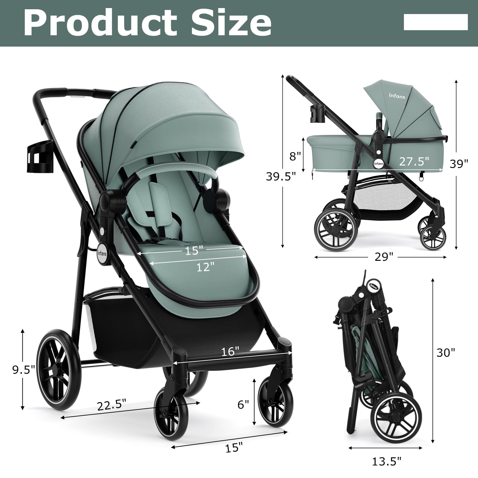 INFANS 2 in 1 Baby Stroller, High Landscape Infant Stroller & Reversible Bassinet Pram, Foldable Pushchair