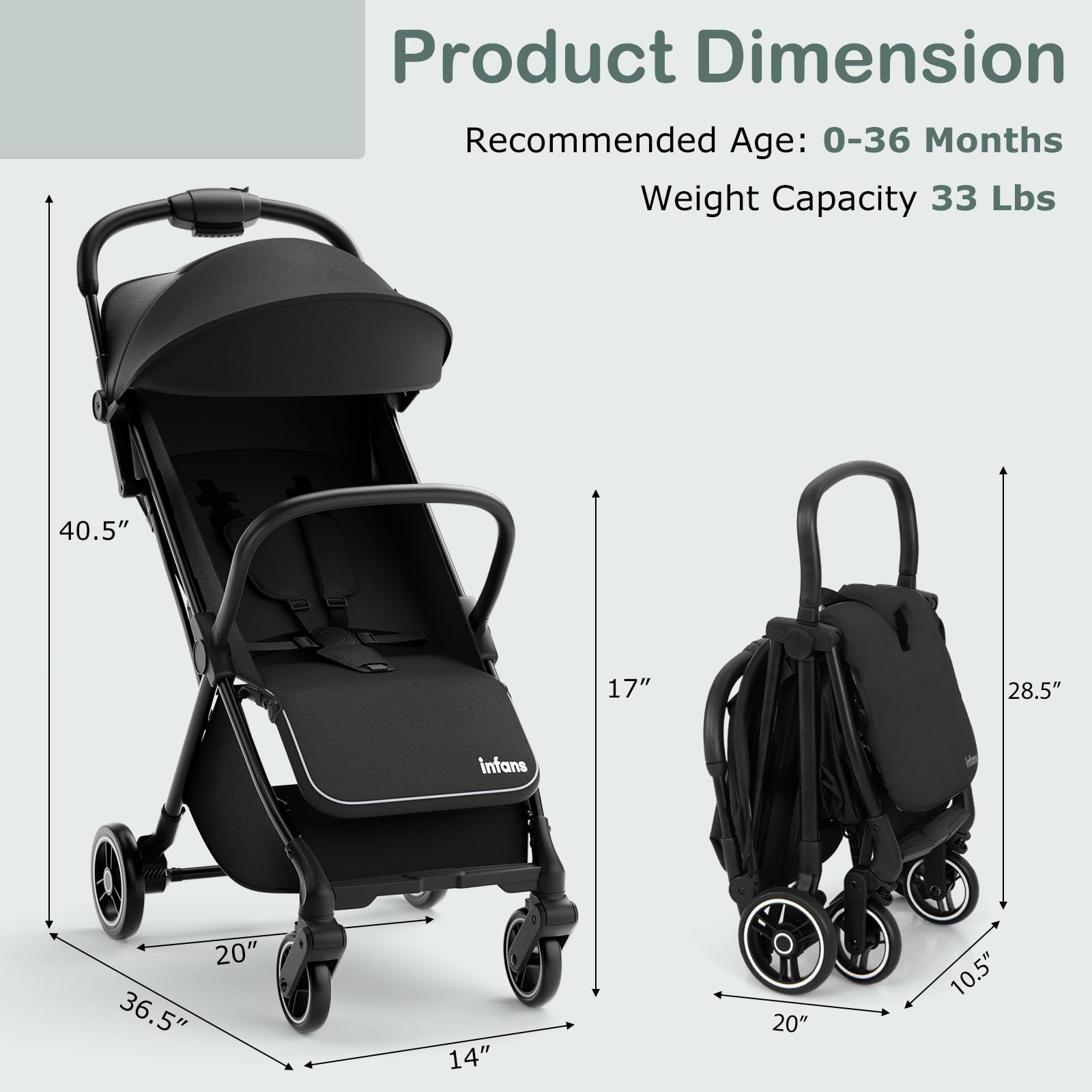 INFANS Lightweight Baby Stroller, One-Hand Gravity Fold, Compact Travel Stroller for Airplane