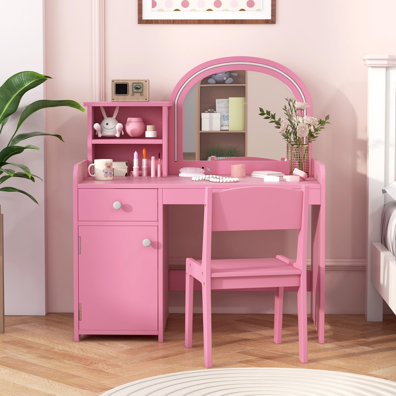 OLAKIDS Kids Vanity, Princess Makeup Desk and Chair Set with Lights Mirror, Pretend Play Vanity Set for Toddler Girls