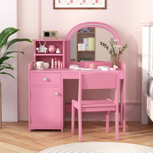 OLAKIDS Kids Vanity, Princess Makeup Desk and Chair Set with Lights Mirror, Pretend Play Vanity Set for Toddler Girls