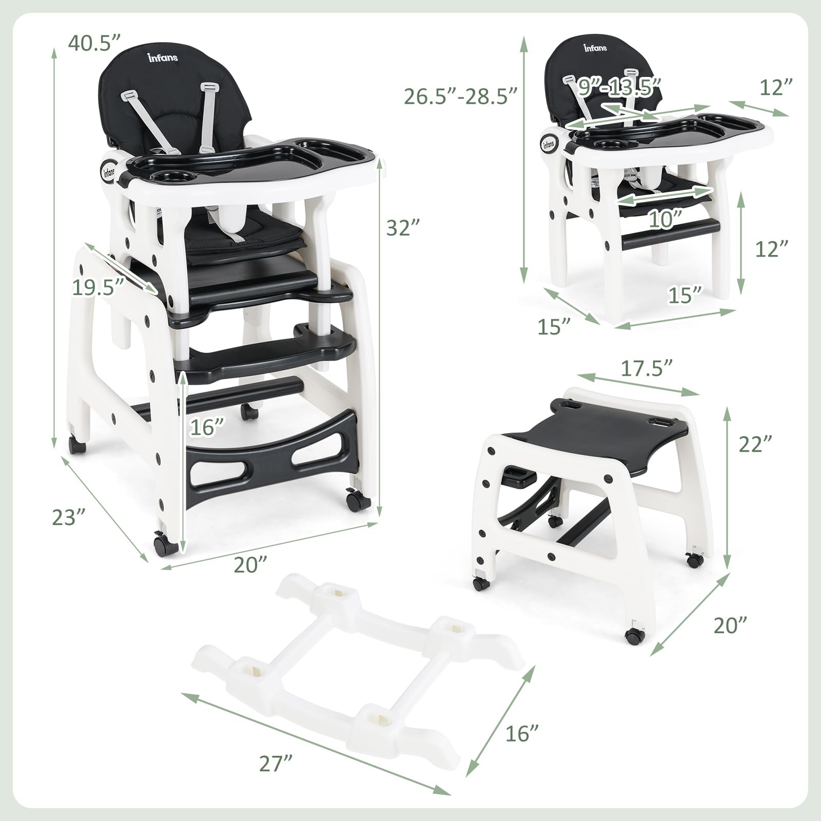 INFANS 5 in 1 Baby High Chair, Convertible Toddler Table Chair Set,  Multi-Function Seat with Lockable Universal Wheels