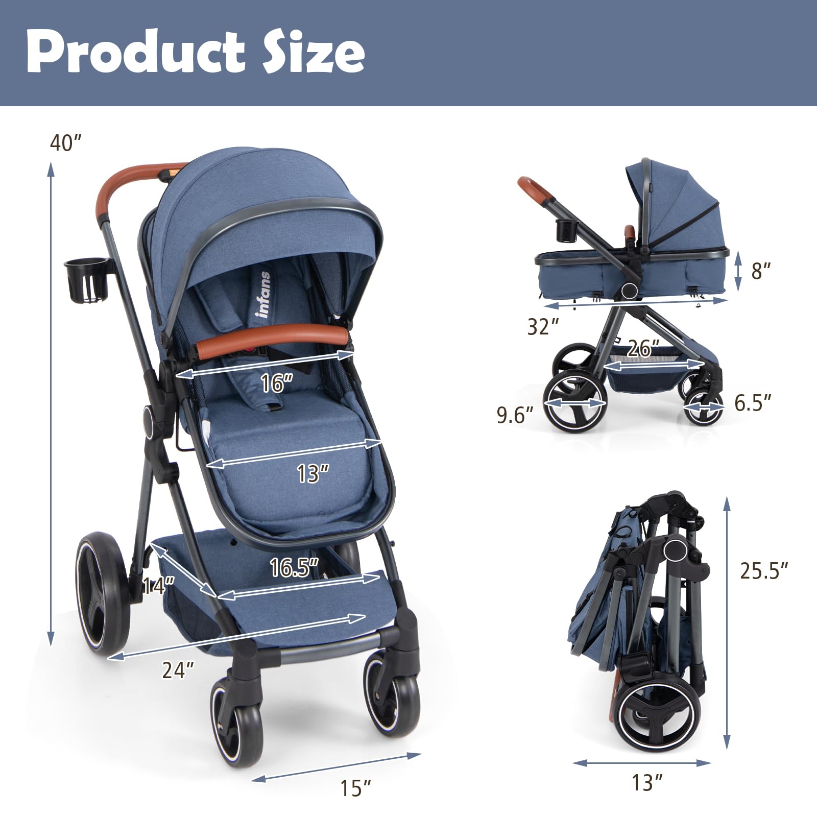 INFANS 2 in 1 Baby Stroller, Convertible Stroller, Foldable High Landscape Shock Absorption with Reversible Seat