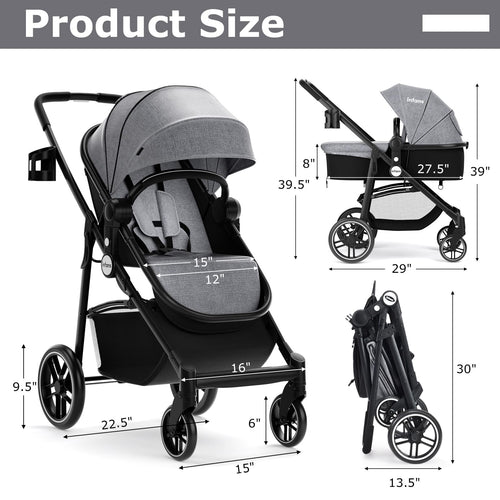 INFANS 2 in 1 Baby Stroller, High Landscape Infant Stroller & Reversible Bassinet Pram, Foldable Pushchair