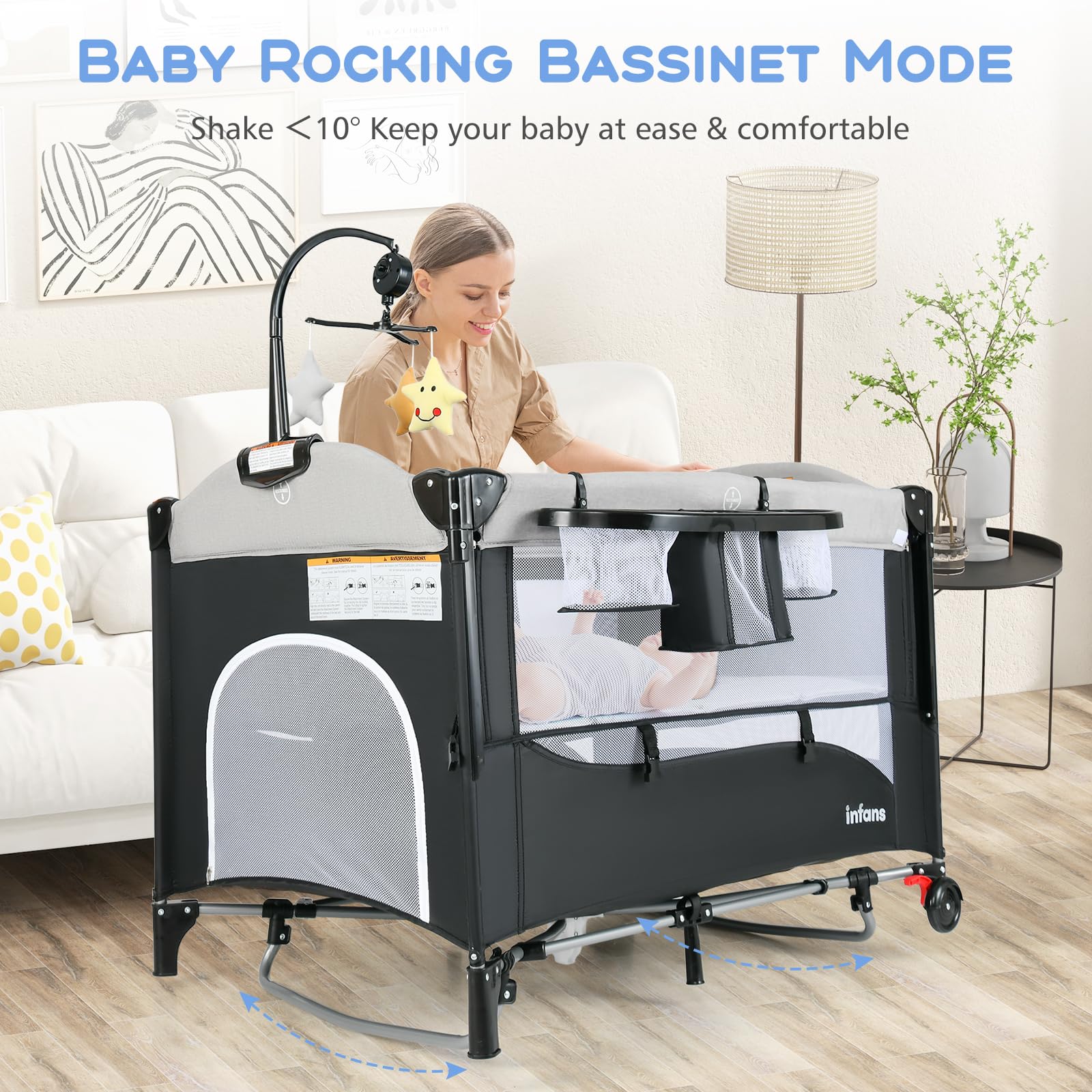 INFANS 5 in 1 Portable Playard, Larger Size Baby Bassinet Bedside Sleeper, Diaper Changer, Foldable Bedside Crib