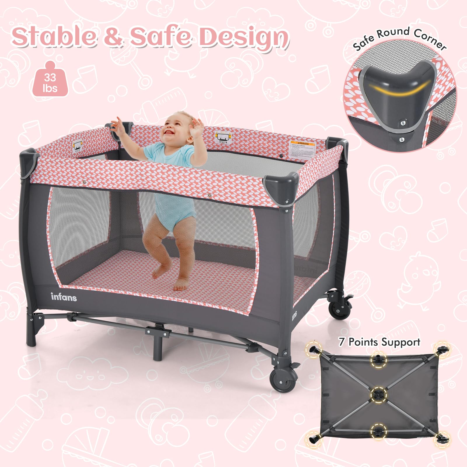 INFANS 4 in 1 Pack and Play, Portable Baby Kid Infant, Travel Playard with Bassinet, Mattress, Diaper Changer