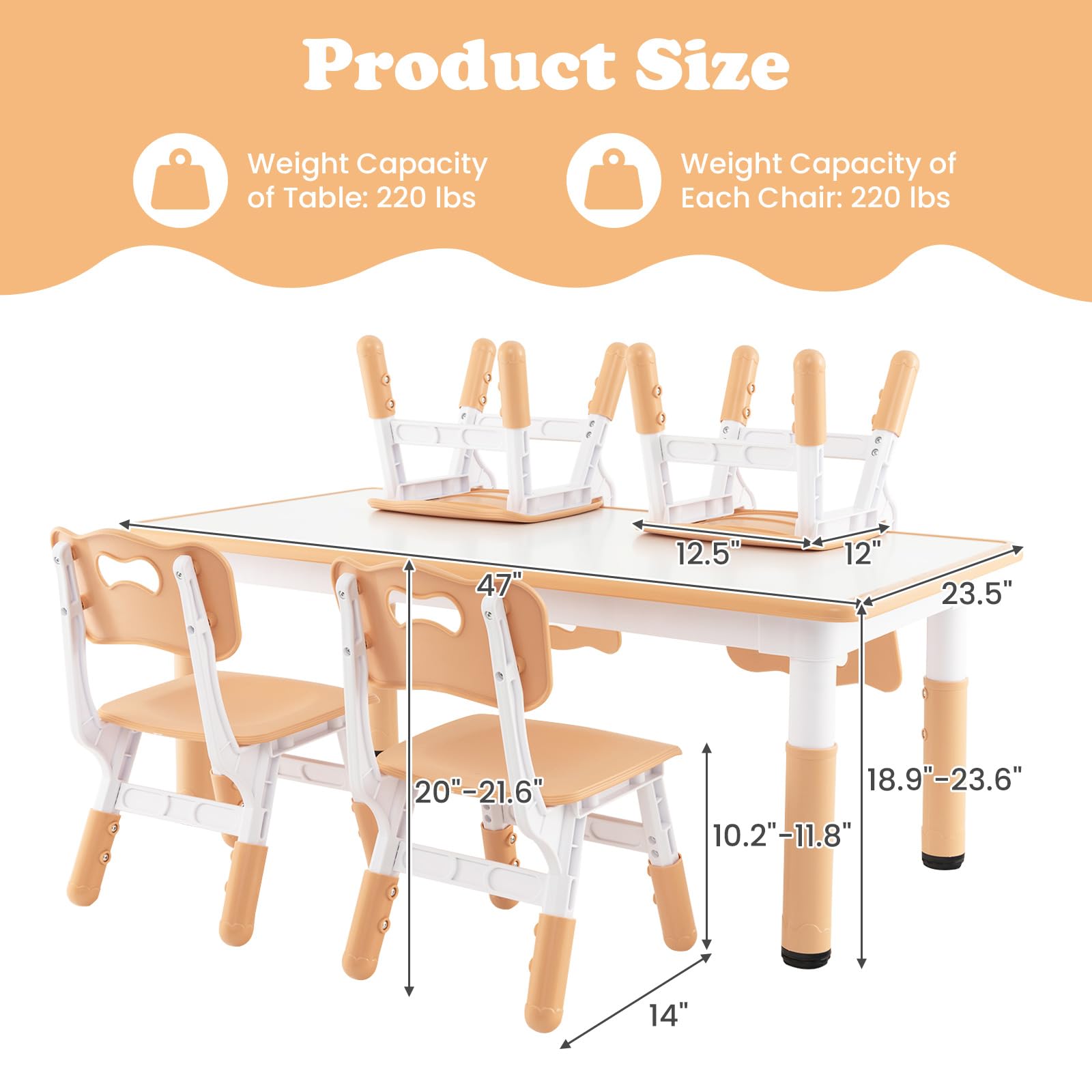OLAKIDS Kids Table and Chiar Set, Height Adjustable Toddler Desk and 4 Chairs