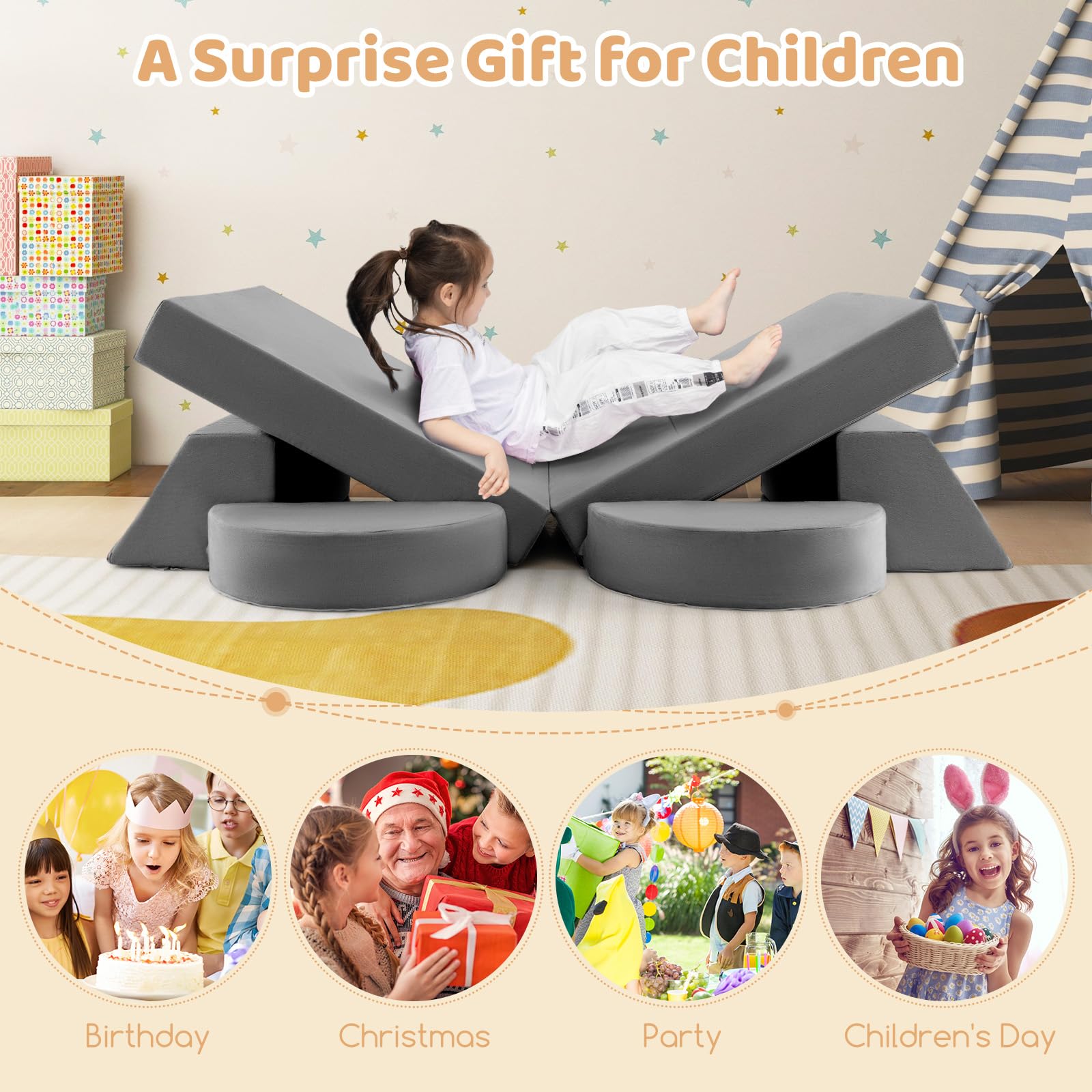 OLAKIDS Mondular Kids Play Couch, 8PCS Toddler Sectional Sofa Building Fort