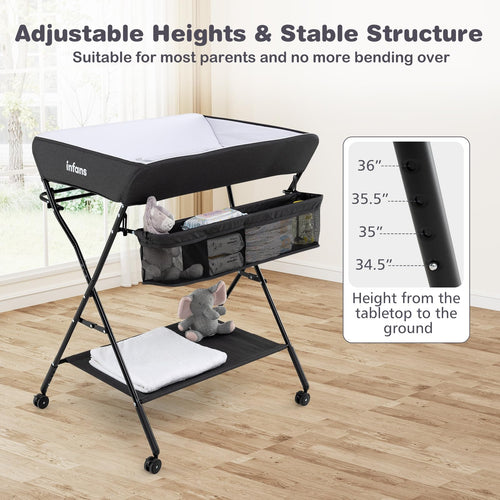 INFANS Baby Changing Table with Wheels, Portable Folding Diaper Station Nursery Organizer with Adjustable Height