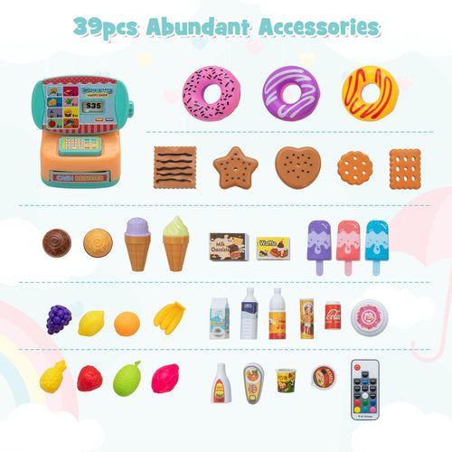 OLAKIDS Kids Grocery Store Playset, Wooden Pretend Play Supermarket with LED Lights, Market Stand Toy