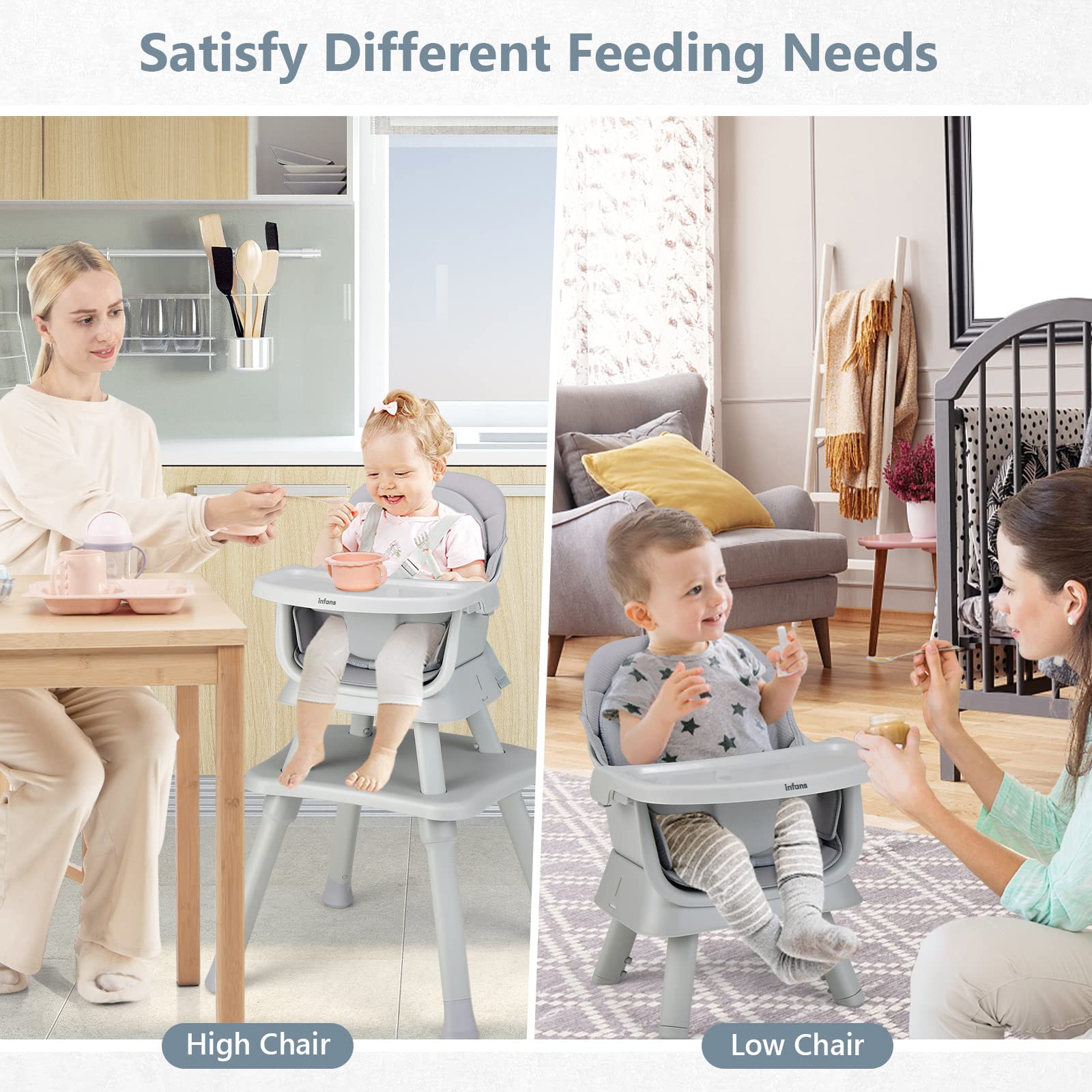 INFANS 8 in 1 Baby High Chair, Convertible Highchair for Babies and Toddlers, Infant Dining Booster Seat