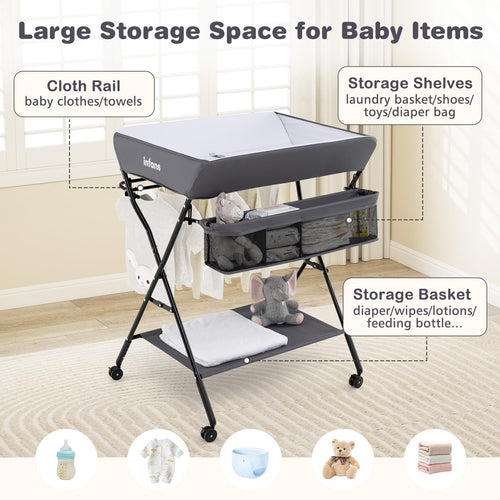 INFANS Baby Changing Table with Wheels, Portable Folding Diaper Station Nursery Organizer with Adjustable Height
