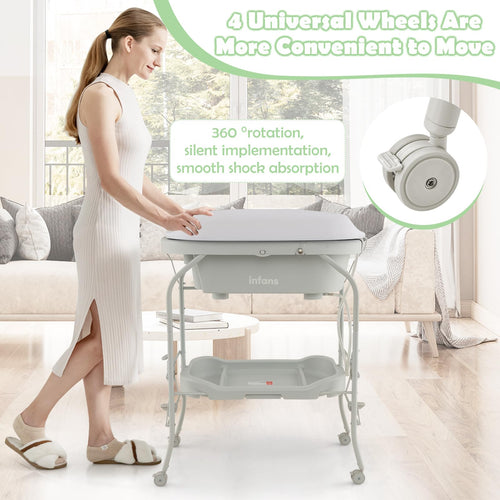 INFANS 2 in 1 Baby Changing Table with Bath Tub Unit, Folding Diaper Dresser Station with Wheels Waterproof