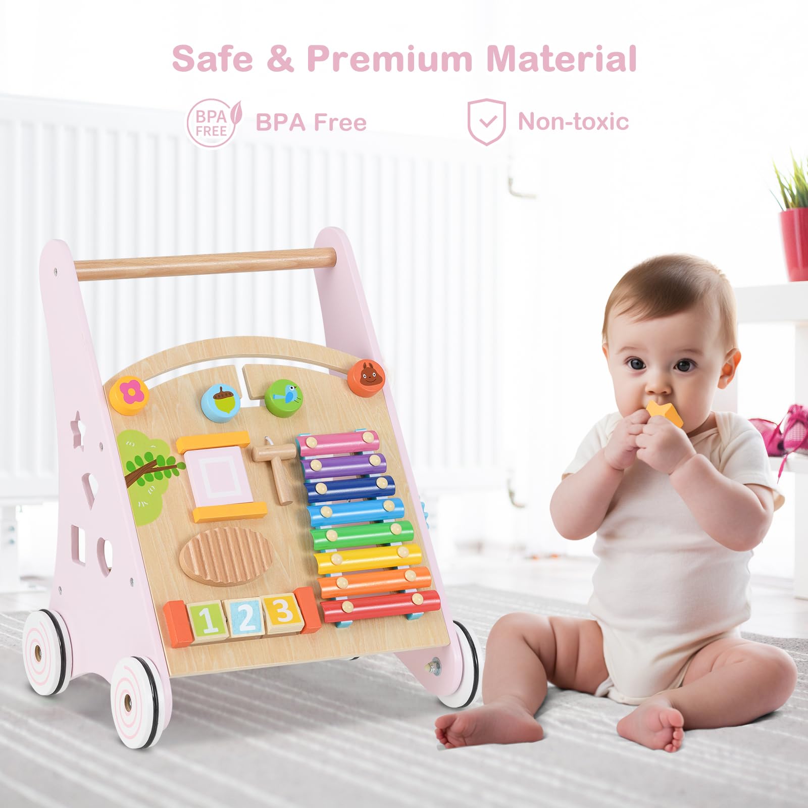 INFANS Wooden Baby Walker, Montessori Walker with Multiple Activity Toys, Push Walker Toys for Infant Learning to Walk