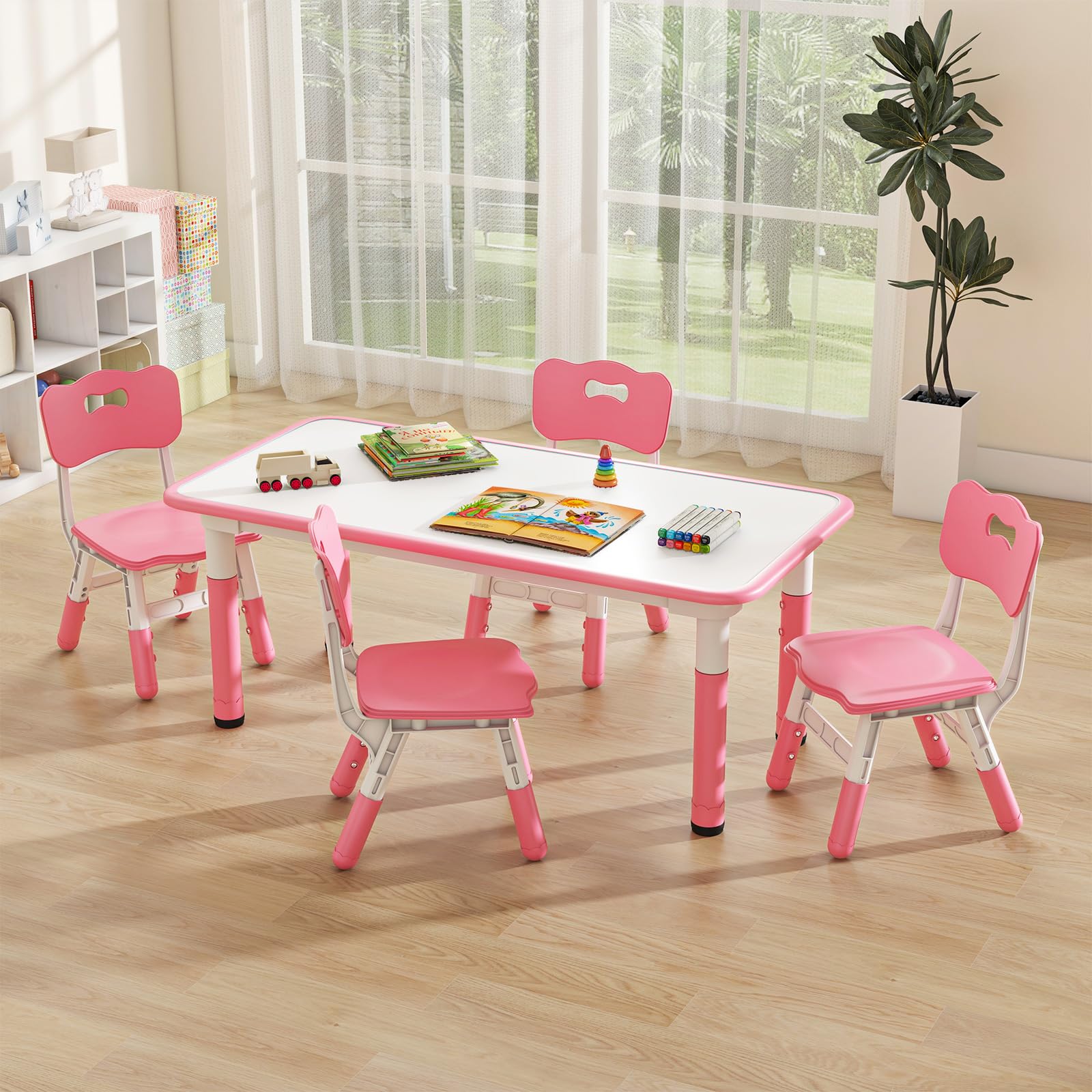 OLAKIDS Kids Table and Chiar Set, Height Adjustable Toddler Desk and 4 Chairs