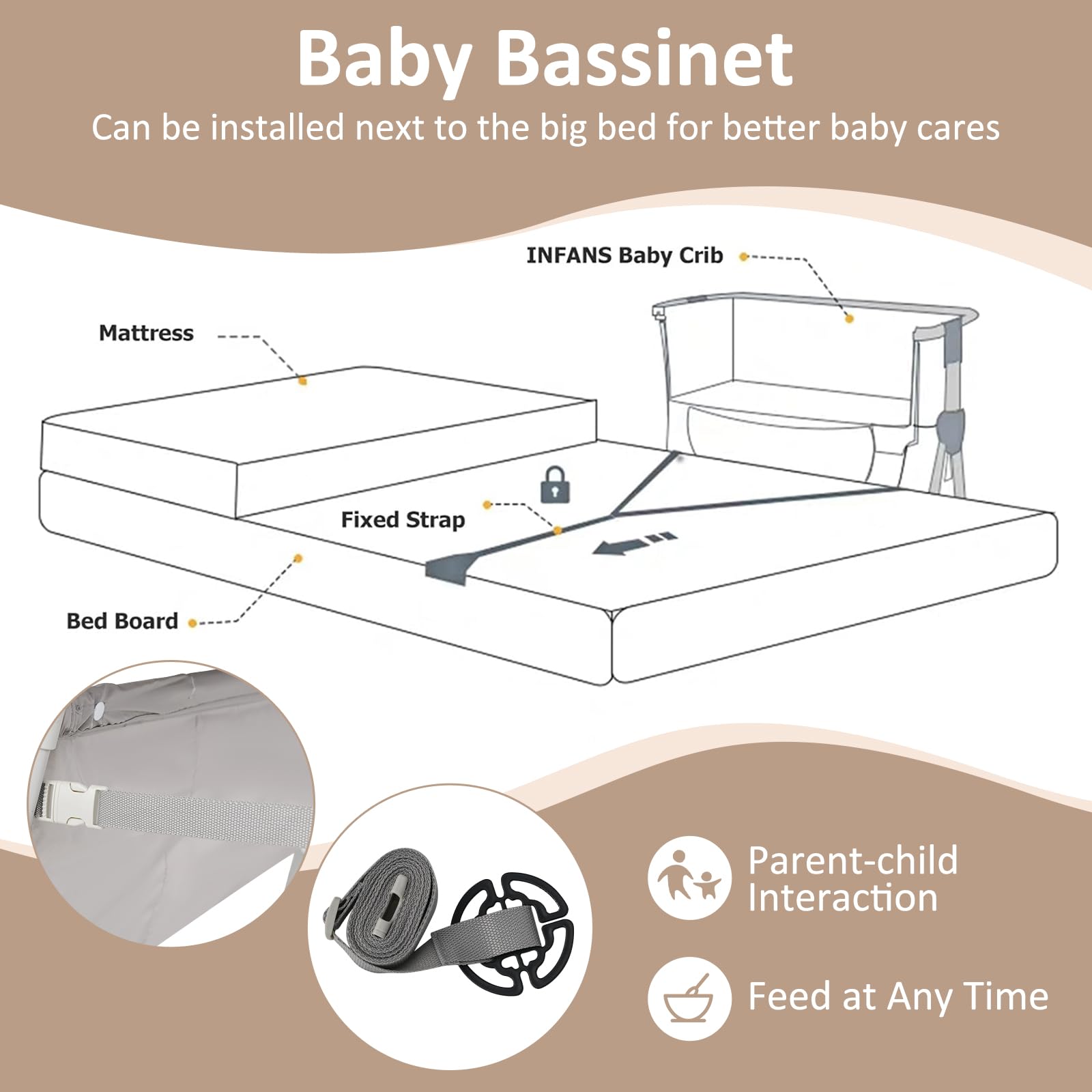 INFANS Baby Bedside Bassinet, Over-Bed Baby Bassinet with Adjustable Height, Safe Close Sleeping, Storage