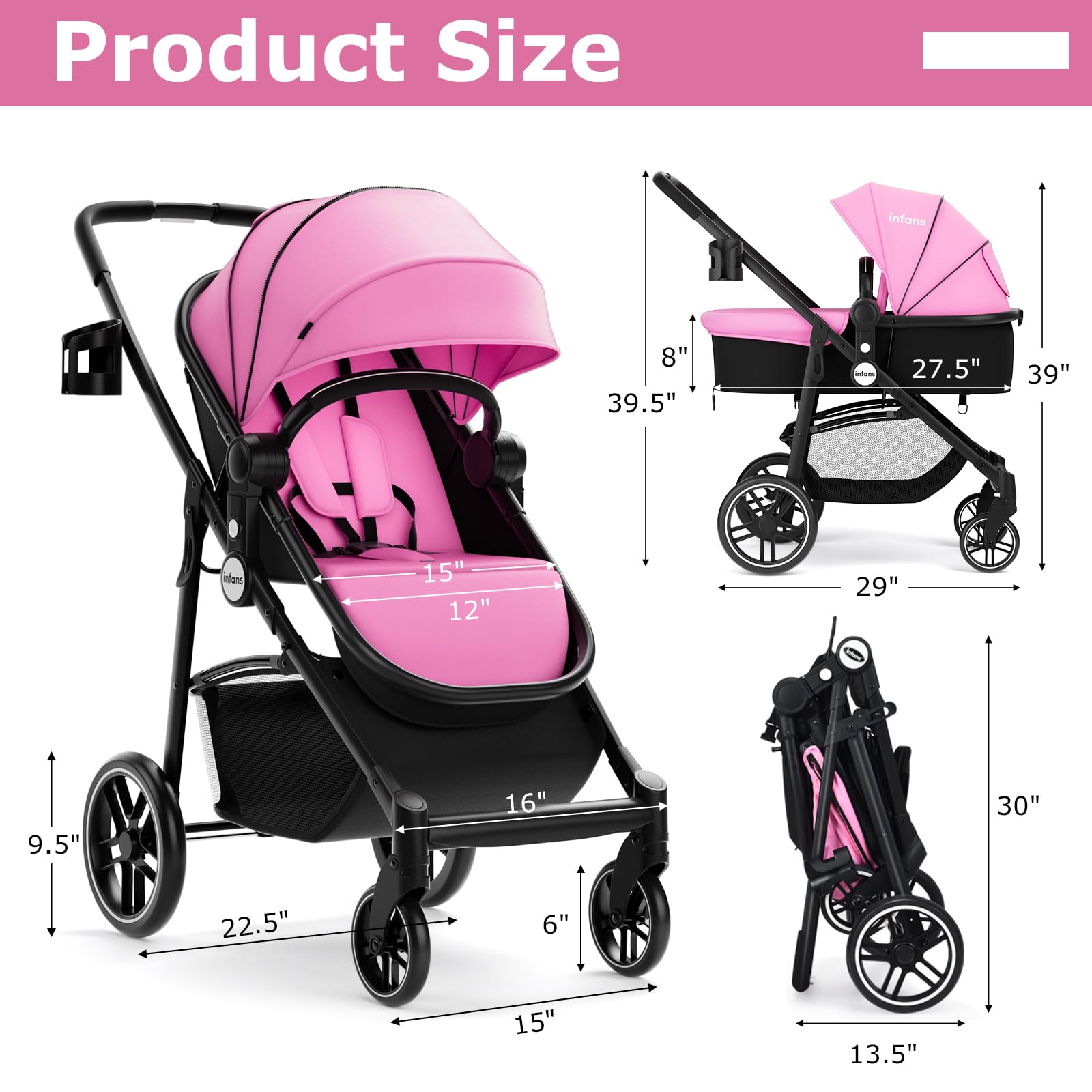 INFANS 2 in 1 Baby Stroller, High Landscape Infant Stroller & Reversible Bassinet Pram, Foldable Pushchair