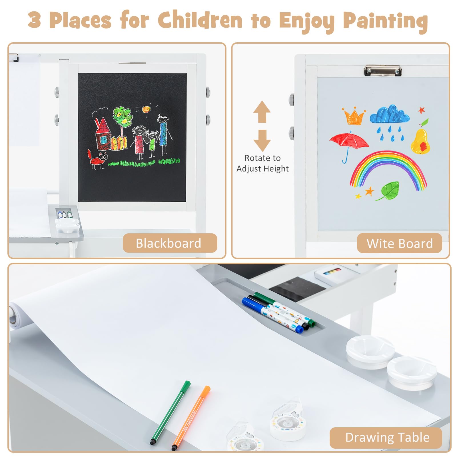 OLAKIDS 3 in 1 Kids Art Table and Chair Set, Toddler Wood Activity Desk with Double-Sided Easel, Children Furniture