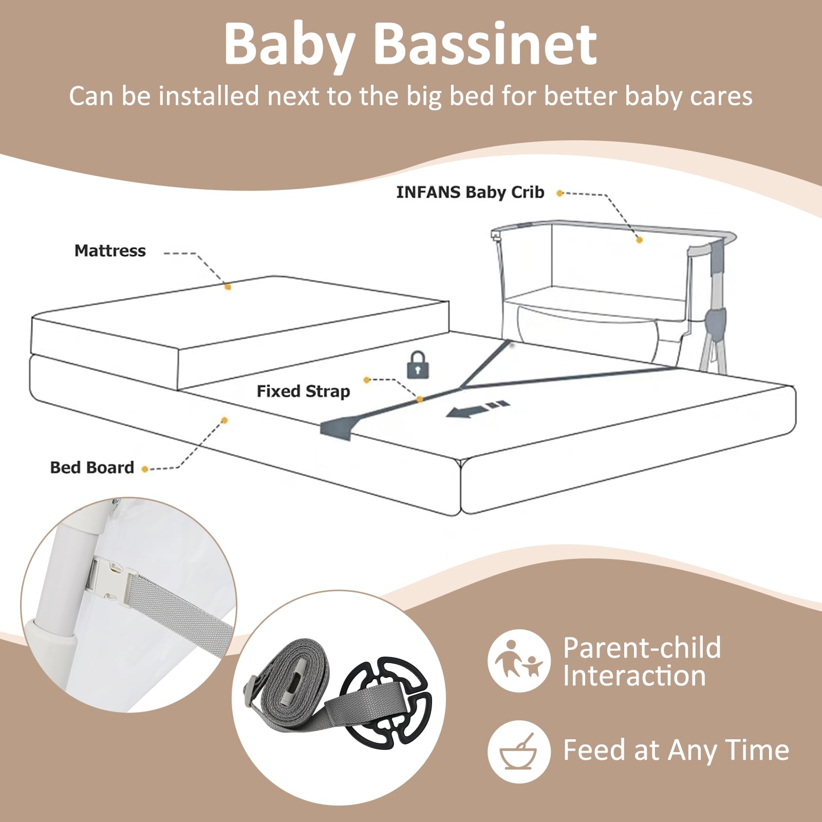 INFANS Baby Bedside Bassinet, Over-Bed Baby Bassinet with Adjustable Height, Safe Close Sleeping, Storage