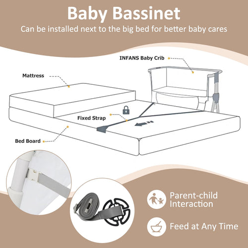 INFANS Baby Bedside Bassinet, Over-Bed Baby Bassinet with Adjustable Height, Safe Close Sleeping, Storage