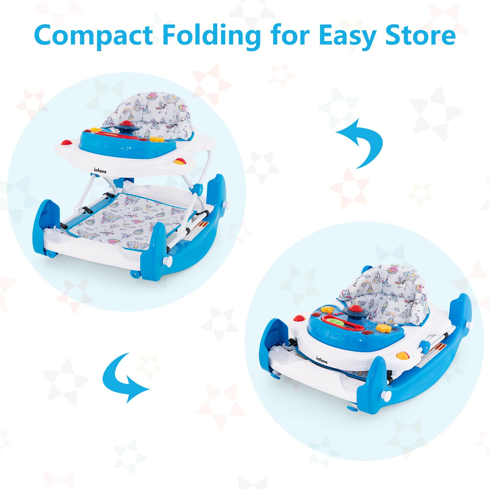 INFANS Baby Walker, 5 in 1 Behind Walker Learning Seated Rocker Bouncer with Removable Music Tray, Adjustable Height