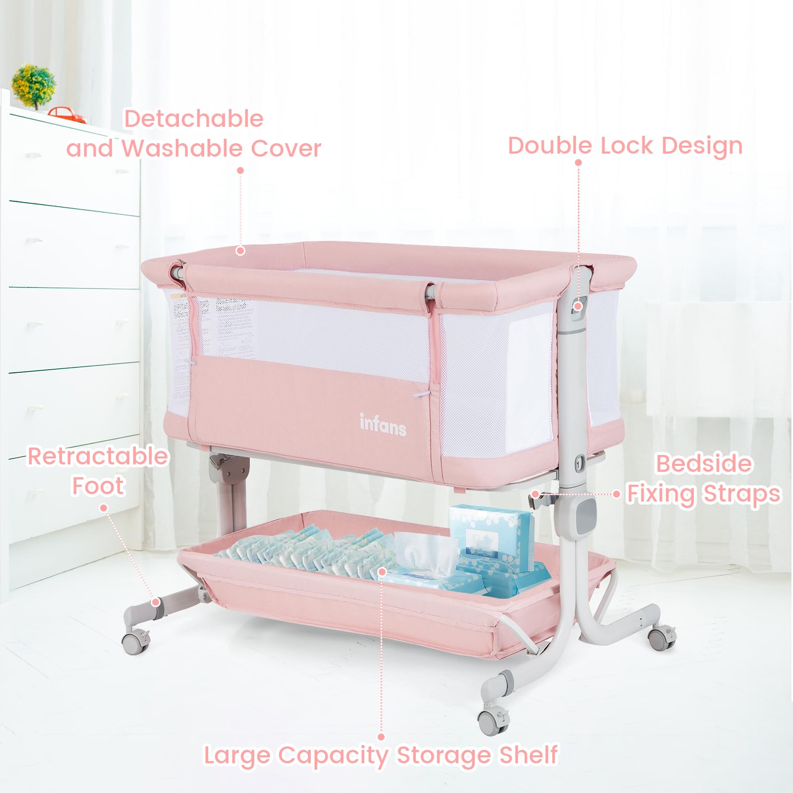 INFANS 3-in-1 Baby Bassinet, Bedside Sleeper with Comfy Mattress, Wheels, 6-Height Adjustable, Storage Basket