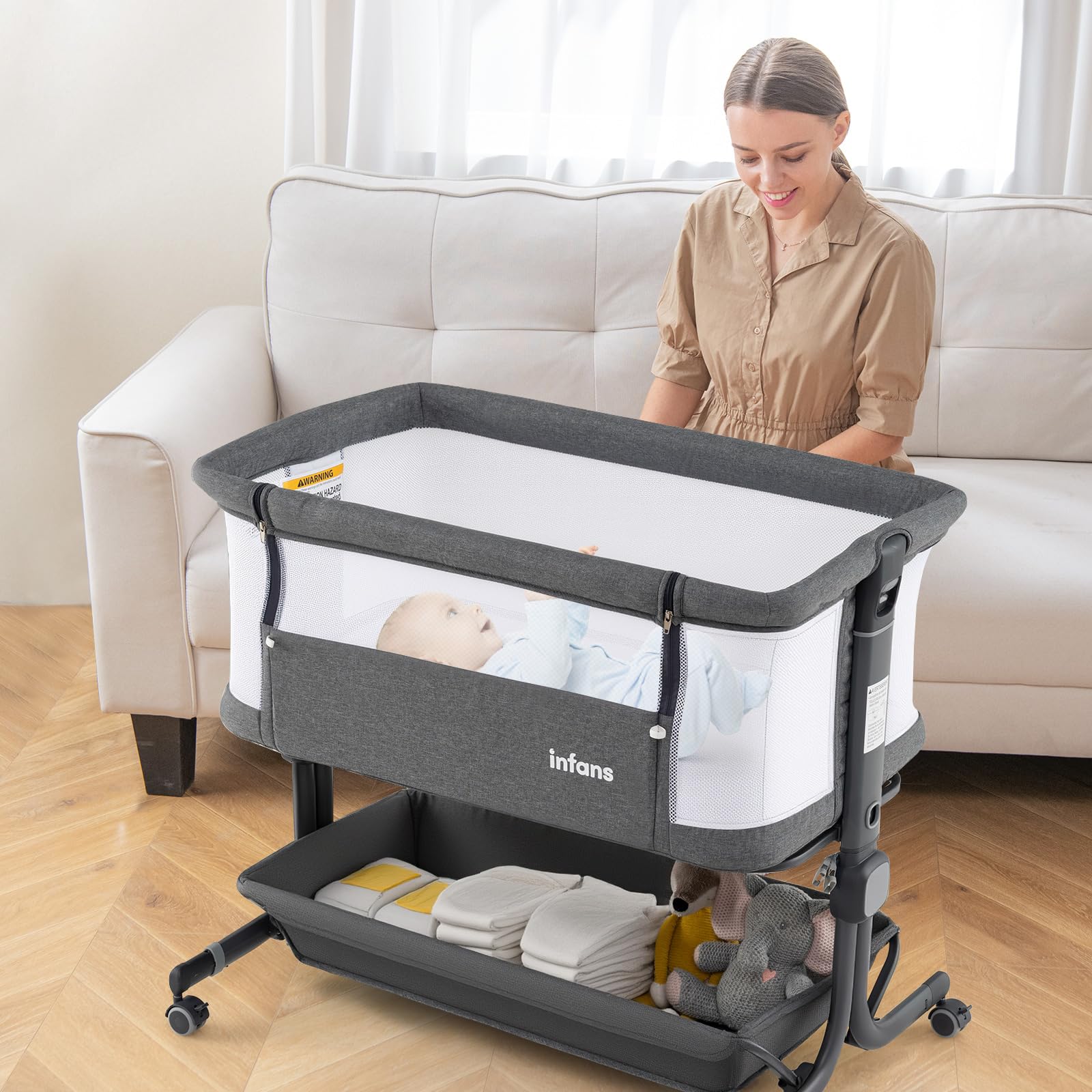 INFANS 3-in-1 Baby Bassinet, Bedside Sleeper with Comfy Mattress, Wheels, 6-Height Adjustable, Storage Basket