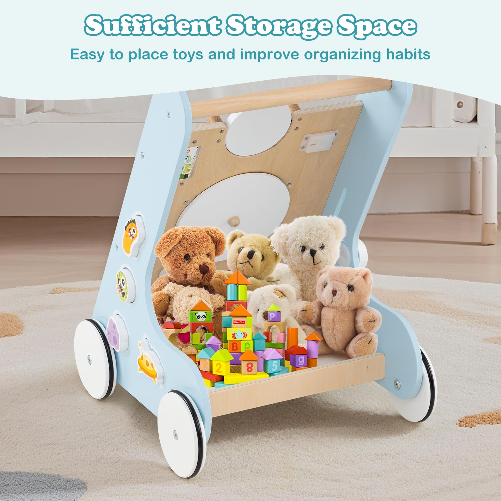 INFANS Wooden Baby Walker, Montessori Walker with Multiple Activity Toys, Storage, Push Walker Toys