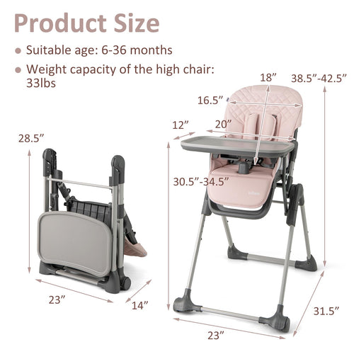 INFANS Baby High Chair, Convertible Quick Folding Portable Highchair with Adjustable Height Backrest Footrest