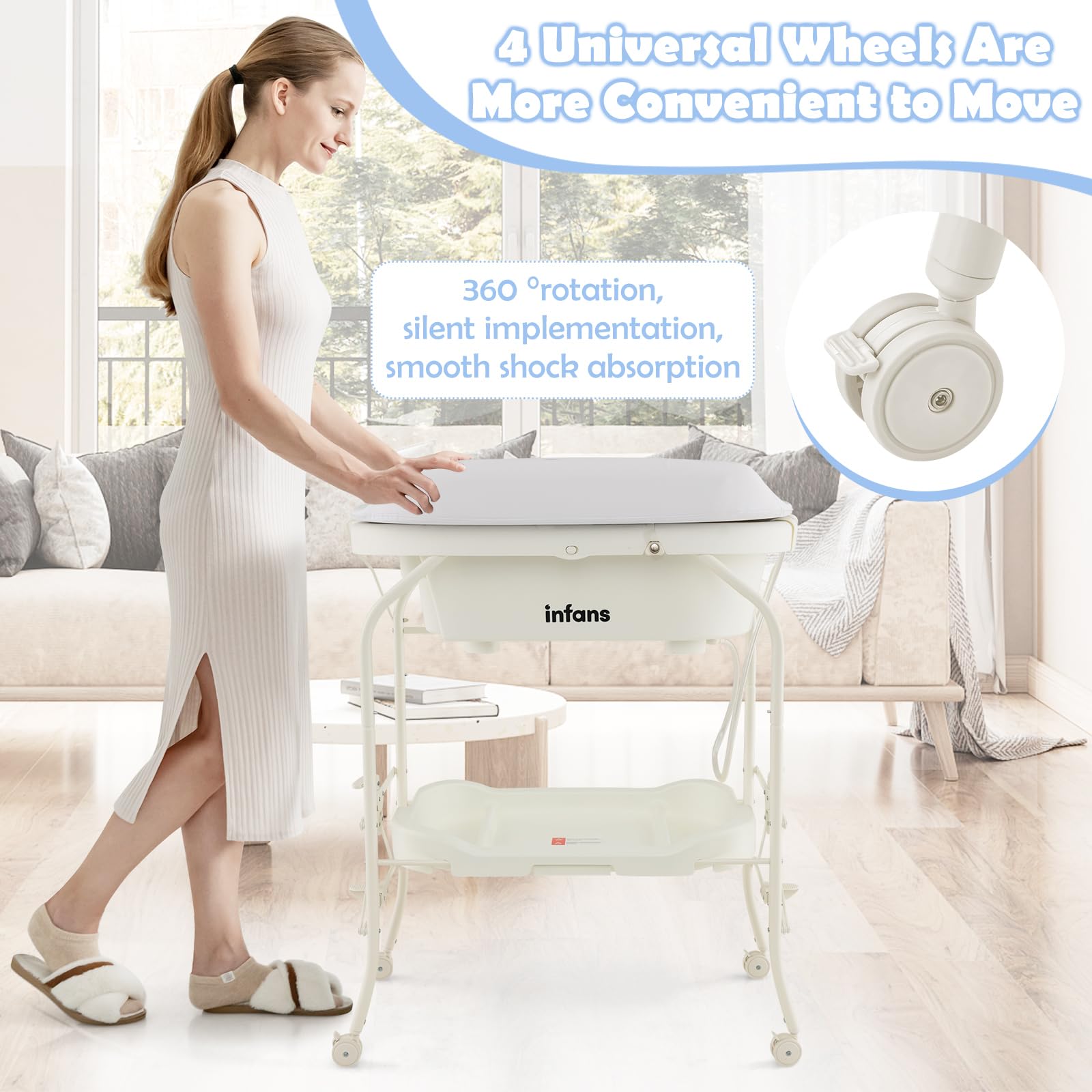 INFANS 2 in 1 Baby Changing Table with Bath Tub Unit, Folding Diaper Dresser Station with Wheels Waterproof