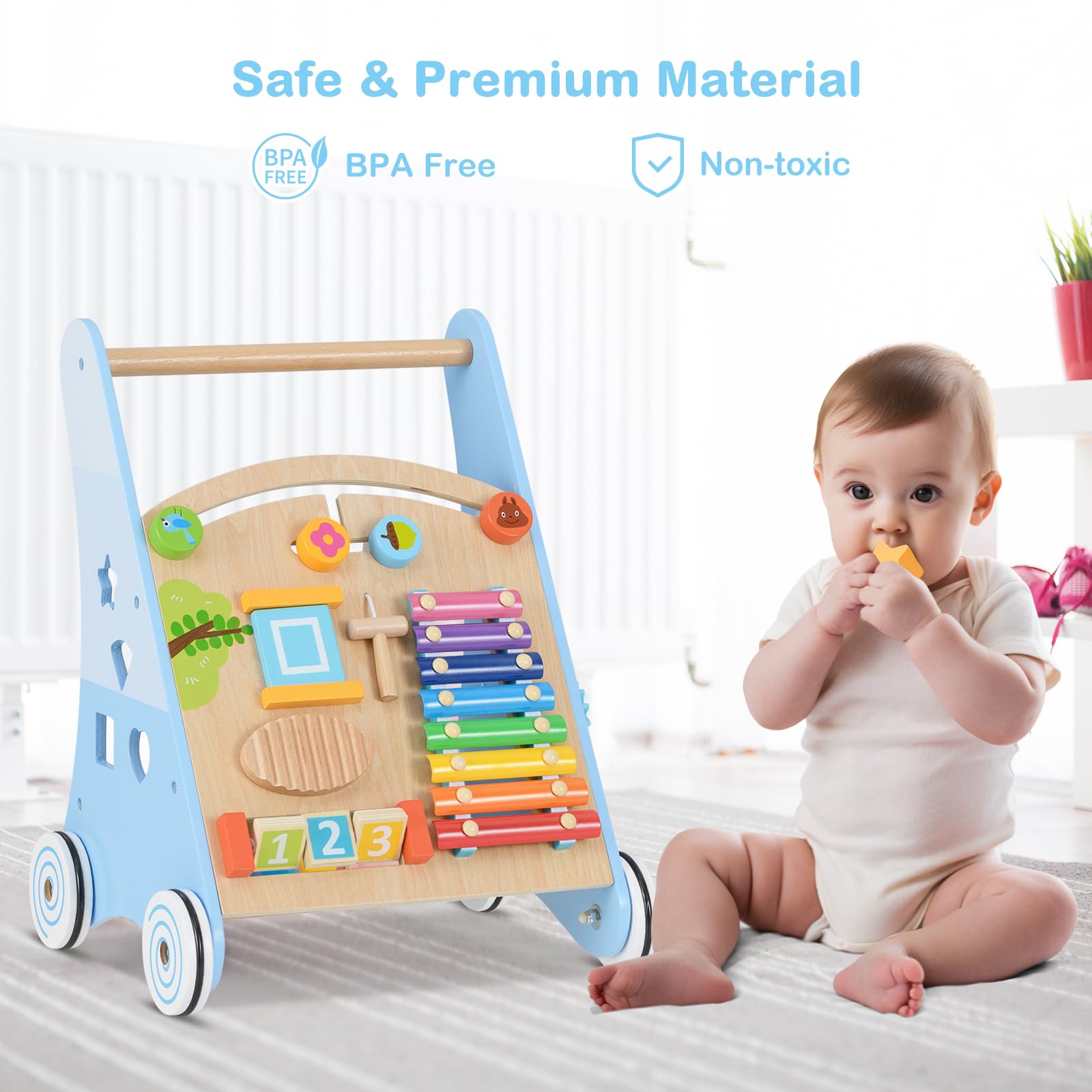 INFANS Wooden Baby Walker, Montessori Walker with Multiple Activity Toys, Push Walker Toys for Infant Learning to Walk