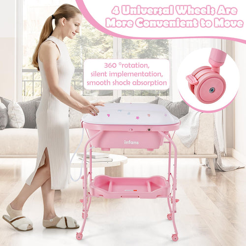 INFANS 2 in 1 Baby Changing Table with Bath Tub Unit, Folding Diaper Dresser Station with Wheels Waterproof