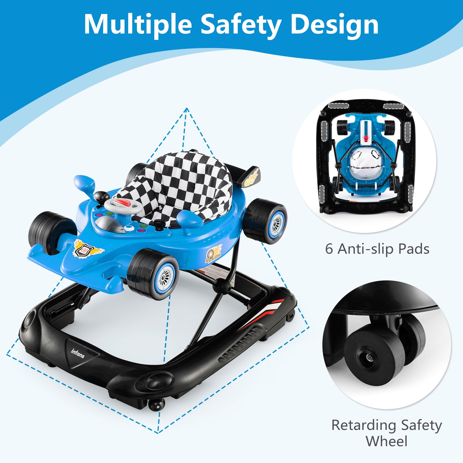 INFANS Foldable Baby Walker, Toddler Activity Center Leaning-Seated Walk-Behind with Steering Wheel, Adjustable Height